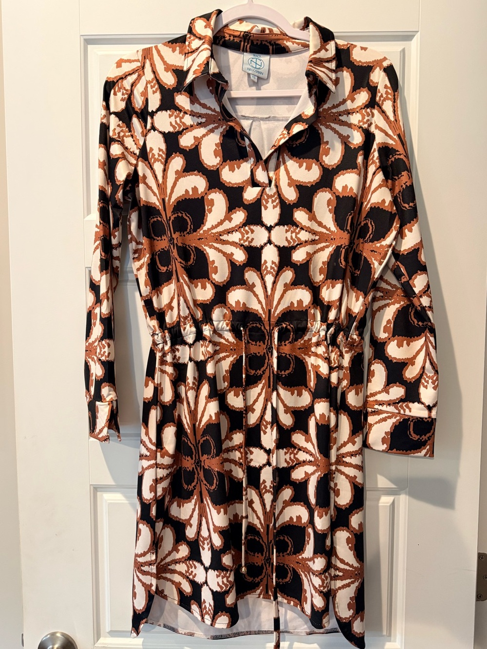Tracy Negoshian 3/4 Sleeve Dress Fall Ready Chocolate Brown Drawstring Waist XS